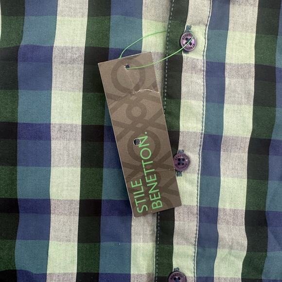STILE BENETTON Button Up Shirt Boy Large White Blue Green Plaid New - Picture 3 of 6